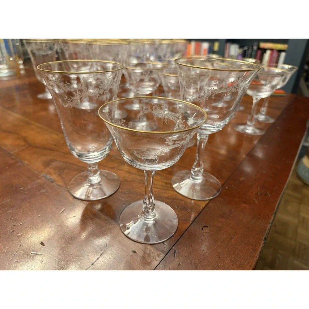 Golden Lace by Fostoria Set of 28 Iced Tea, Water, Wine, Champagne Etched w/Gold